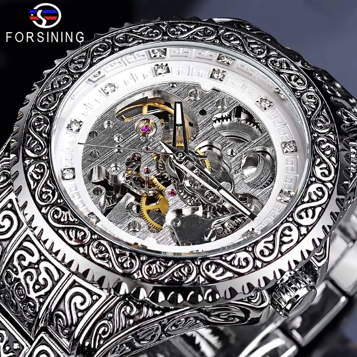 Carved Tattoo Automatic Big Dial Diamond Scale Wrist Watches verbalizable Nevada rage FORSINING Retro Watch for Men Hollow Skeleton Self-Wind Mechanical Vintage 