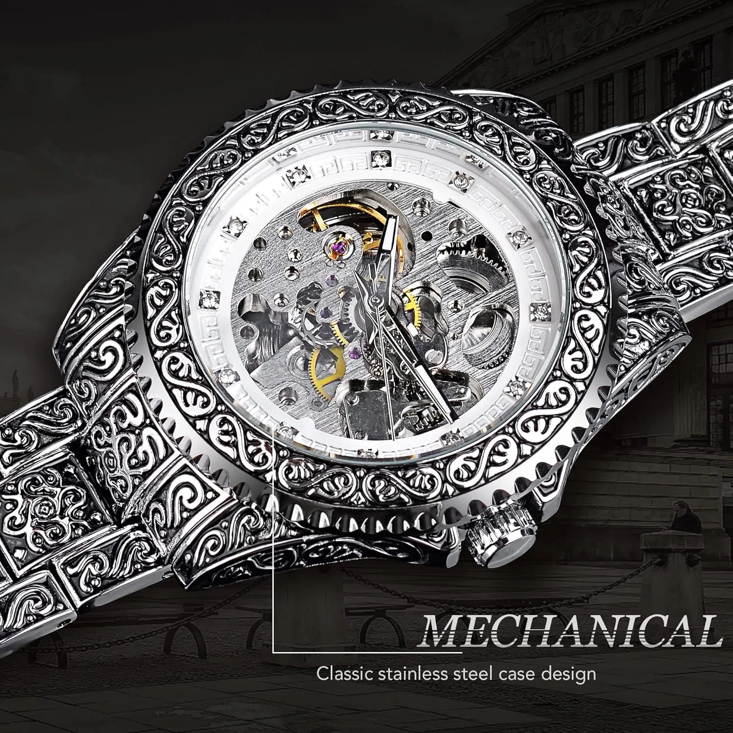 Carved Tattoo Automatic Big Dial Diamond Scale Wrist Watches verbalizable Nevada rage FORSINING Retro Watch for Men Hollow Skeleton Self-Wind Mechanical Vintage 