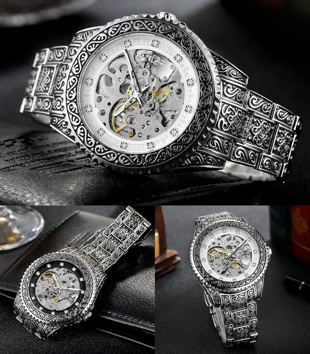 Carved Tattoo Automatic Big Dial Diamond Scale Wrist Watches verbalizable Nevada rage FORSINING Retro Watch for Men Hollow Skeleton Self-Wind Mechanical Vintage 