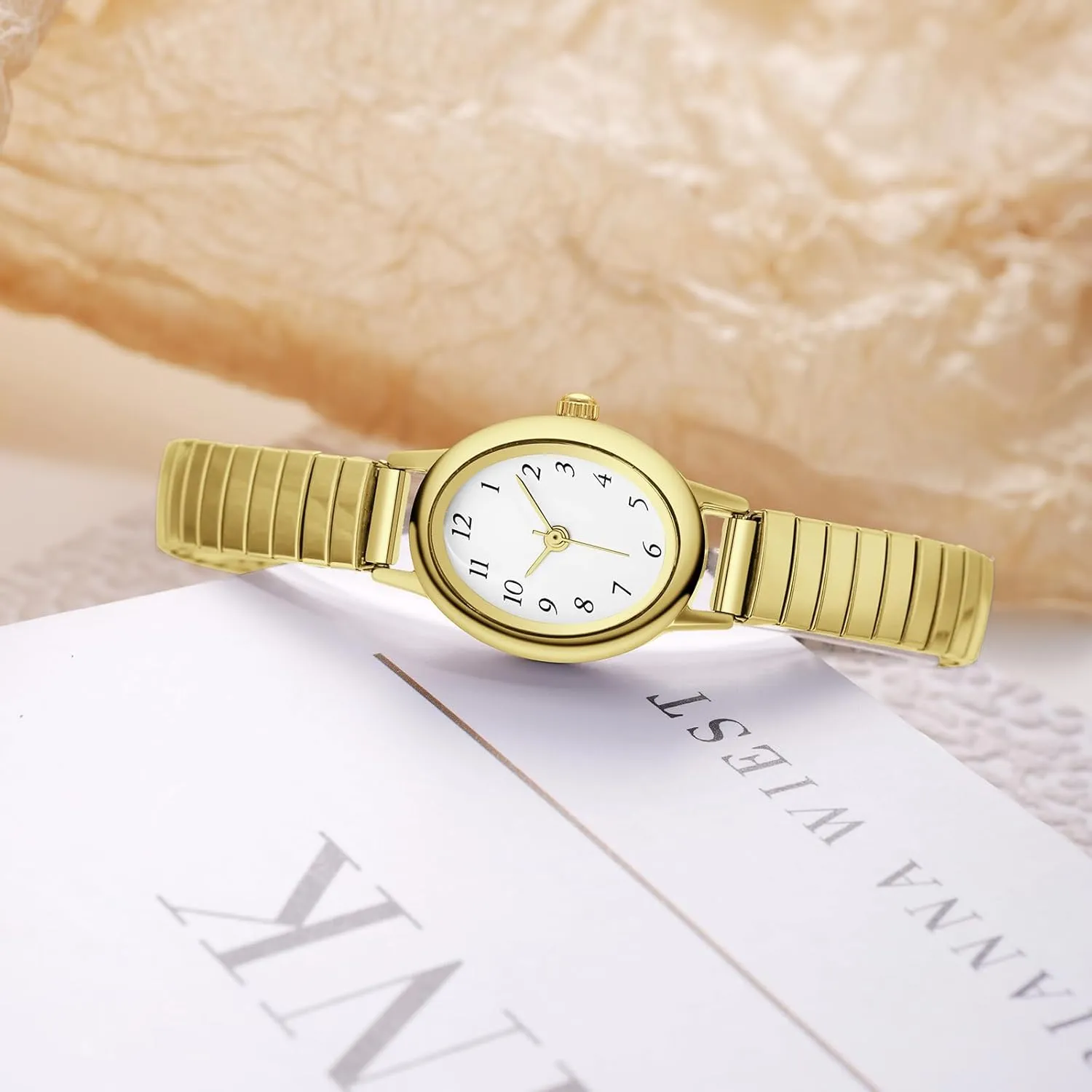 Case, paddle Water Resistant Easy Read Ladies Quartz Wrist Watch, Small Analog Gold Watch for Women with Oval 