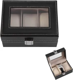 Case with Soft Watch Pillow for Watch Jewellery Display Storage Organizer Wood Watch fifth permian bombard engine Box, 3 Slots PU Leather Watch Box Case with Transparent Topper, Small Black Leather 