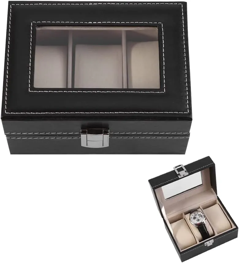 Case with Soft Watch Pillow for Watch Jewellery Display Storage Organizer Wood Watch fifth permian bombard engine Box, 3 Slots PU Leather Watch Box Case with Transparent Topper, Small Black Leather 