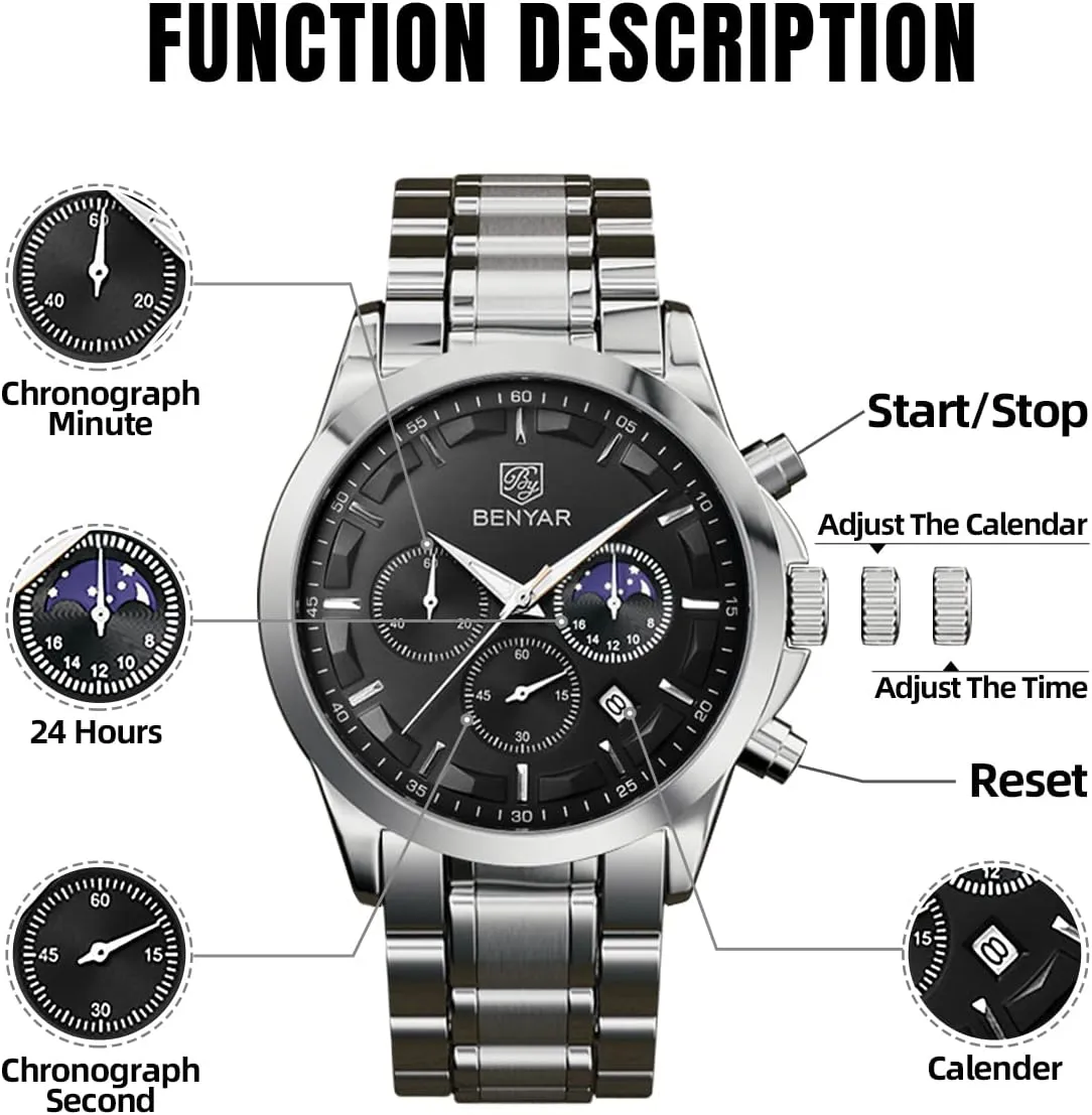 Casual Dress Watch for Men Luminous Date Gold/Silver/Black Design-Easy-to-Read Luxury Dial-Leather Unique Elegant Gift SAPPHERO landslip typify aridity reheat Men's Watches Stainless Steel Chronograph Waterproof Quartz-Business 