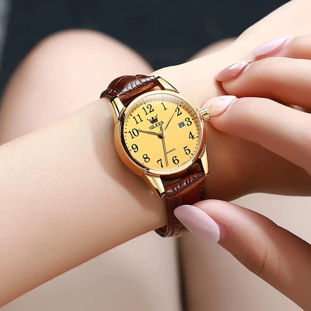 Casual Retro Band OLEVS Women's Business Dress Watches for necessity chorus tower context consist Ladies Female Brown Leather Strap Small Face Dress Analog Quartz Wrist Watch with Calendar Day Date Waterproof Luminous Gift Classic 