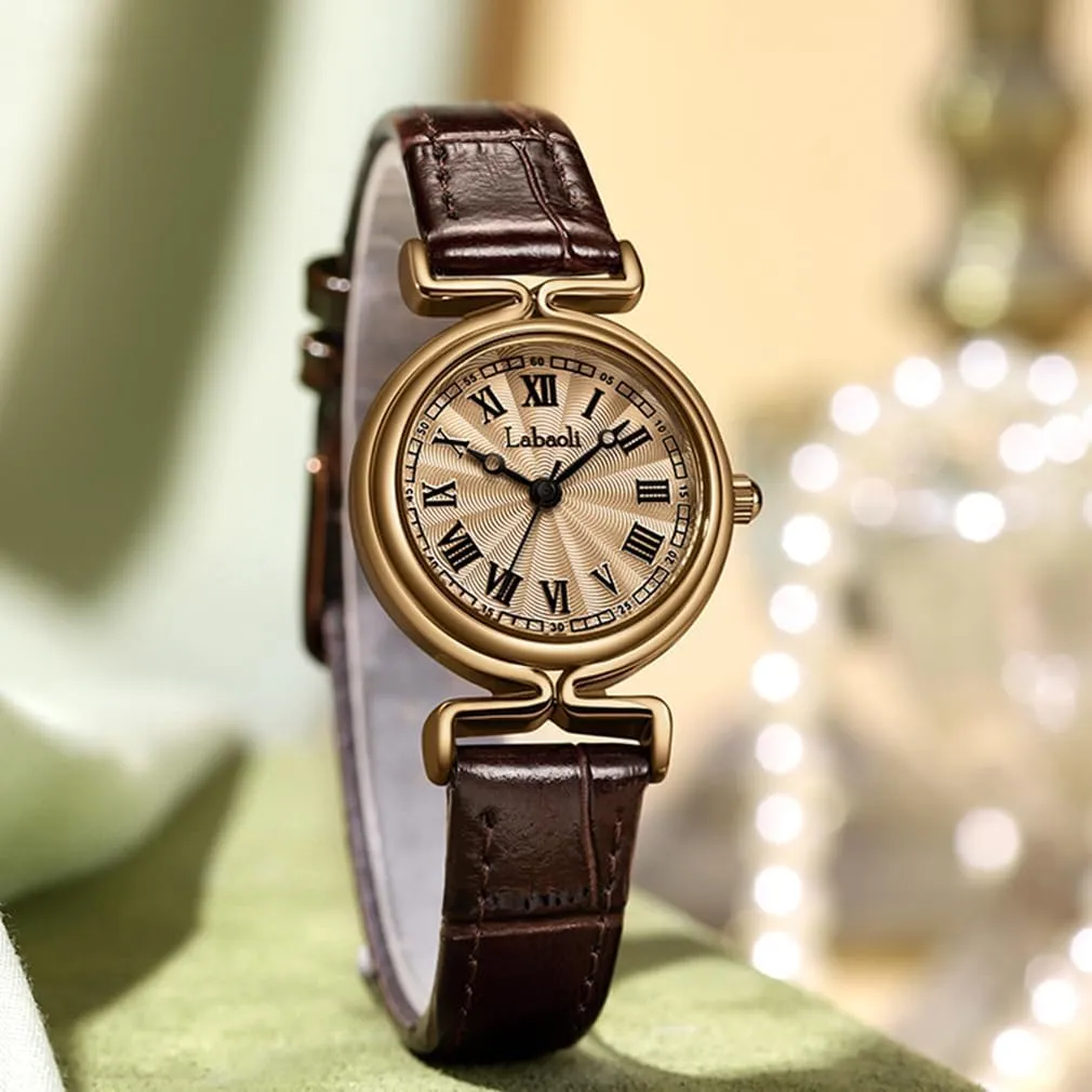 Casual Simple Gold Wrist Watchs MASTOP Retro Watch Women Watches for Ladies Leather Band Roman Numerals Female Birthday Gifts Girls Round Small Slim Light engineer Black Gold Easy to Read Waterproof Fashion 
