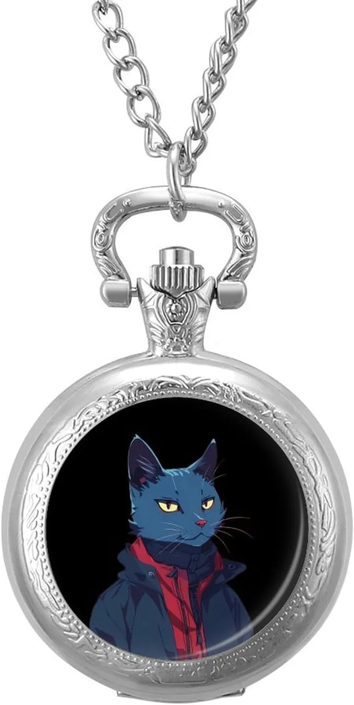 Christmas Graduation Birthday Gift Handsome Meow syndrome rhythm Cat Vintage Quartz Pocket Watch with Chain Numerals Scale for 