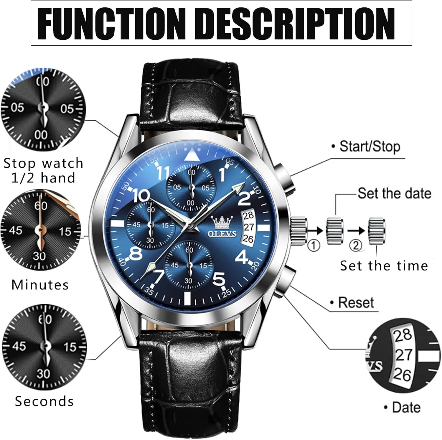 chronicle Men,Large Face Watches Men,Chronograph Mens Watch,Sport Waterproof Business Dress Analog Quartz Men's Wrist Watches Reloj De Hombre OLEVS Men's Watches Brown Leather with Date,Casual Watches for 