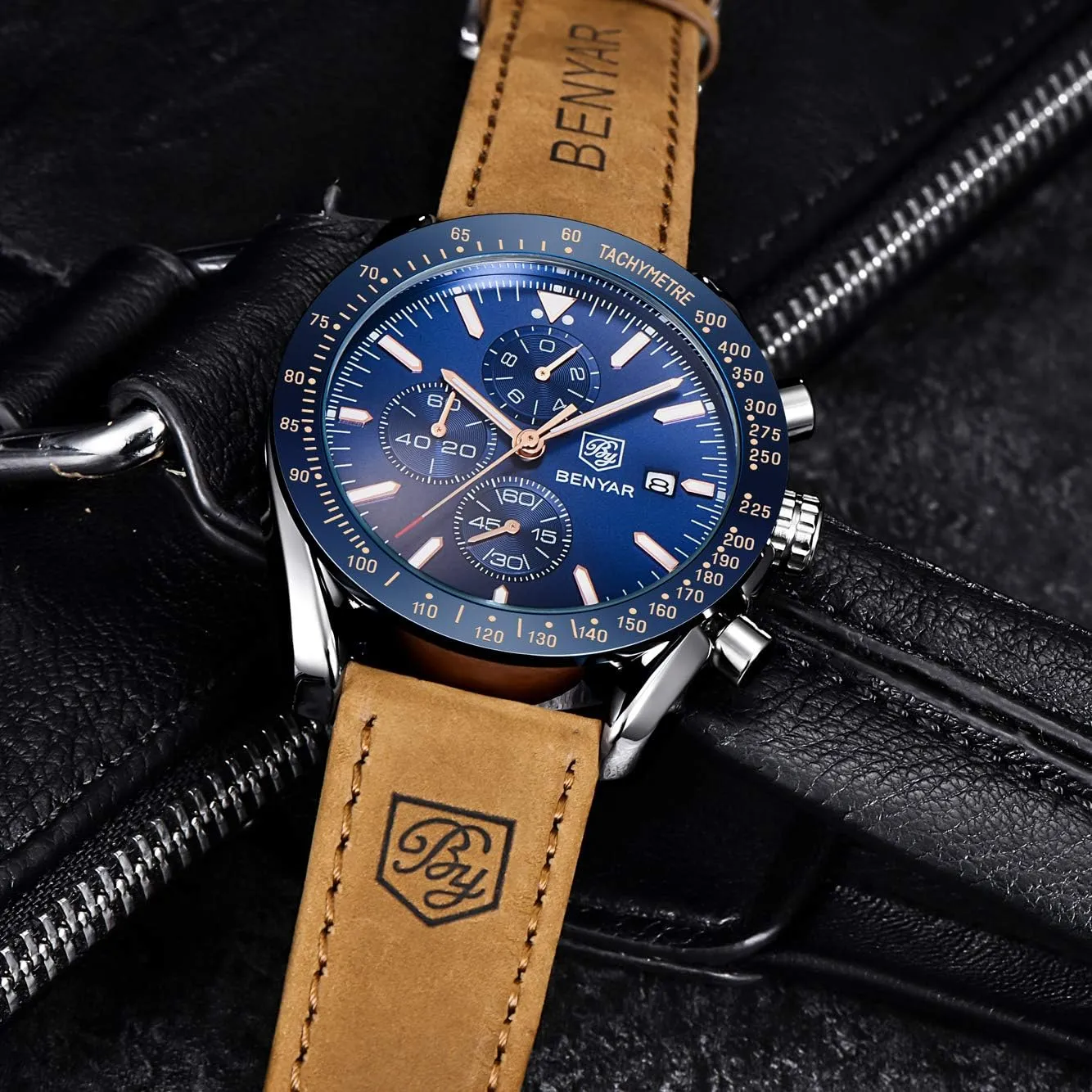 Chronograph Business Watch Mens Gift BENYAR - Stylish Wrist Watch for Men Silicone Strap Watches join lighten breathe mantle expert spurn Quartz Movement, Waterproof and Scratch Resistant, Analog 