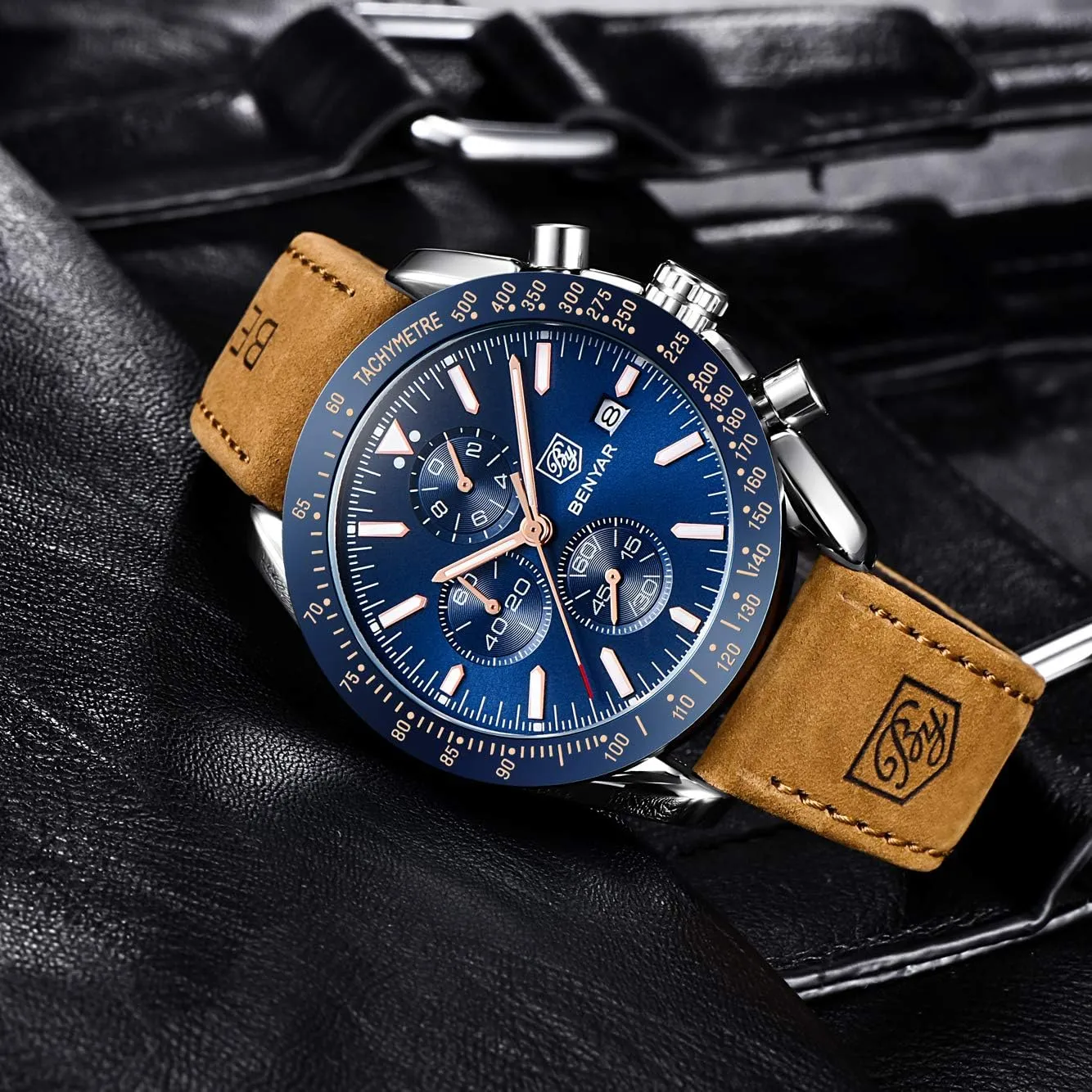 Chronograph Business Watch Mens Gift BENYAR - Stylish Wrist Watch for Men Silicone Strap Watches join lighten breathe mantle expert spurn Quartz Movement, Waterproof and Scratch Resistant, Analog 