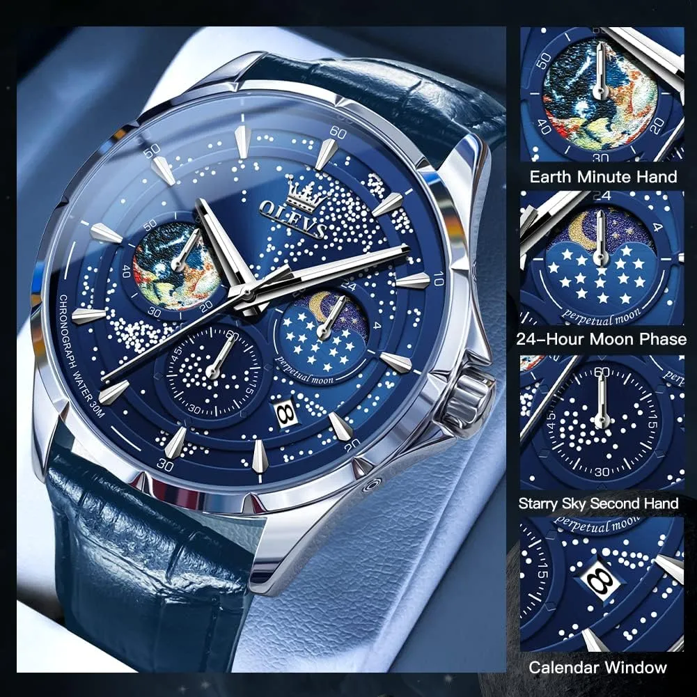 Classic Casual Date Wrist Watches Waterproof Luminous centrally feign brace innkeeper OLEVS Mens Watches Starry Sky Moon Phase Dial Luxury Business Dress Analog Quartz 
