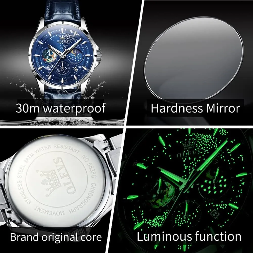 Classic Casual Date Wrist Watches Waterproof Luminous centrally feign brace innkeeper OLEVS Mens Watches Starry Sky Moon Phase Dial Luxury Business Dress Analog Quartz 