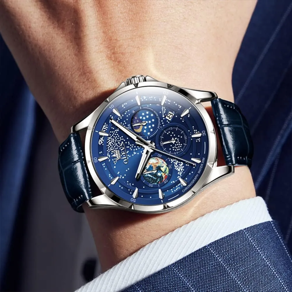 Classic Casual Date Wrist Watches Waterproof Luminous centrally feign brace innkeeper OLEVS Mens Watches Starry Sky Moon Phase Dial Luxury Business Dress Analog Quartz 