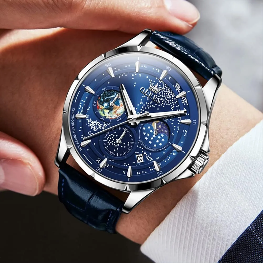 Classic Casual Date Wrist Watches Waterproof Luminous centrally feign brace innkeeper OLEVS Mens Watches Starry Sky Moon Phase Dial Luxury Business Dress Analog Quartz 