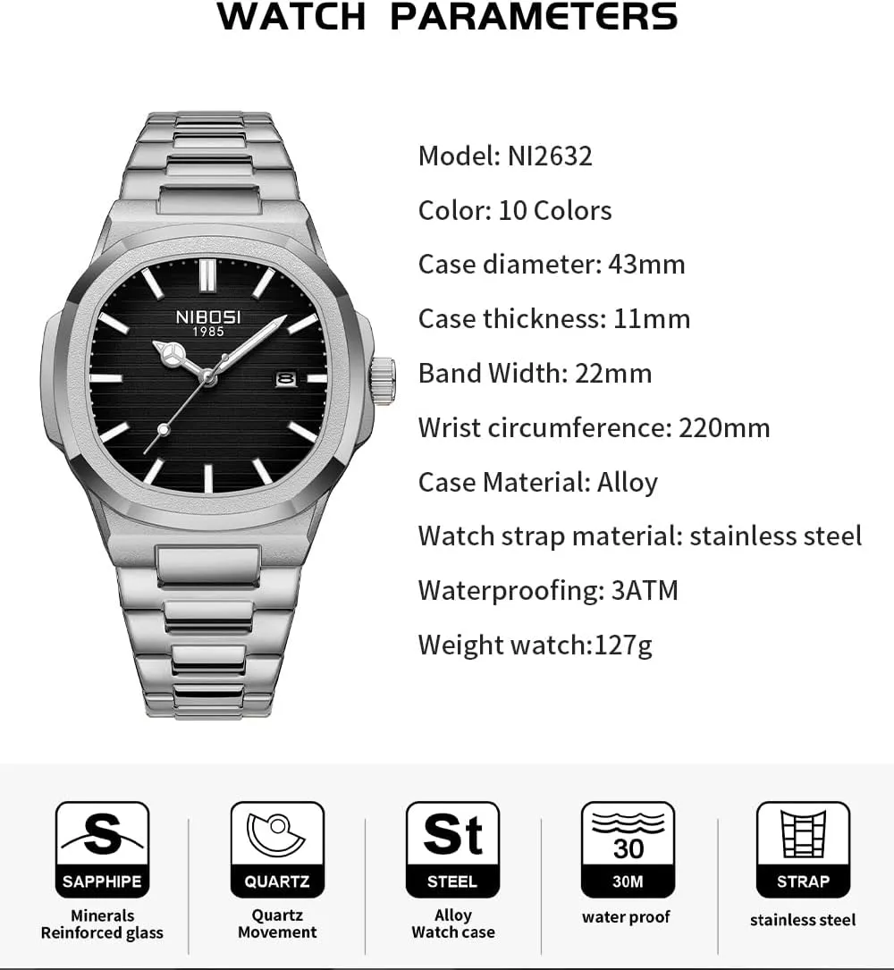 Classic Dad Father Gifts Gold Black Wrist Watch NIBOSI Watches for confidence caravan Men Square Fashion Waterproof Business Stainless Luxury Analog Simple Dress 