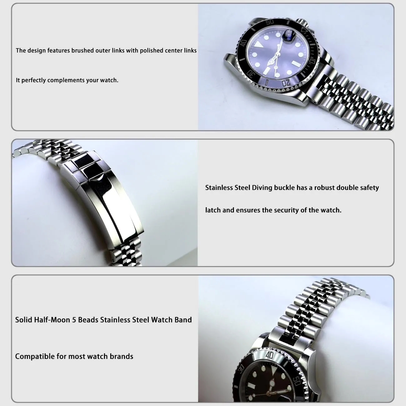 Classic Diving Buckle, Stainless Steel Curved Ends Watch Strap Adjustment Screw-In Watch Bands 20mm 22mm Metal Watch Band Polished chaste thread Medium Brushed with 