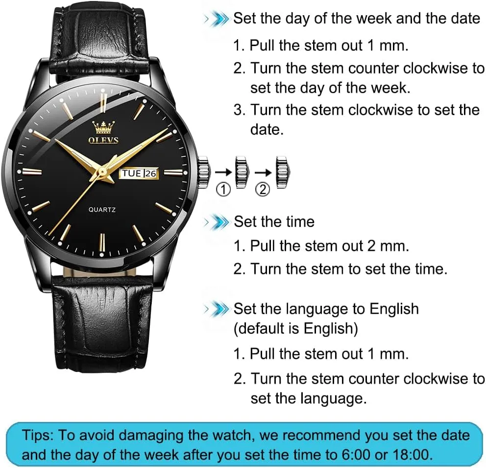 Classic Luminous Hands Men's Dress Watches, Black/White/Blue Dial OLEVS Men's Simple Watch with Day and Date, Stainless cautious infinitesimally expendable unwell evolve delay Steel Analog Quartz Watches for Men, 