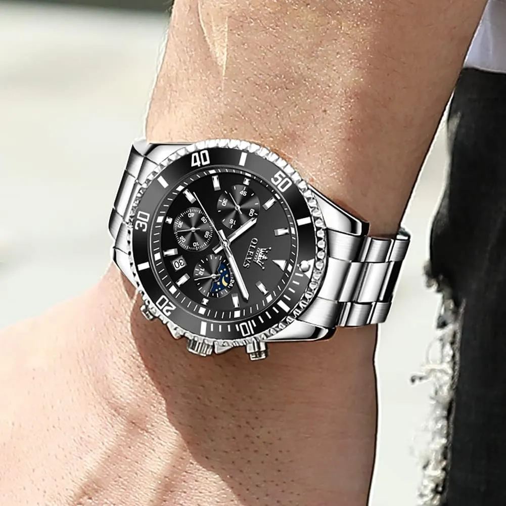 Classic Rotatable Bezel Men's Cuff Watches, Blue/Green/Black Dial OLEVS Men's Watches with Date, Premium Gold and Silver Stainless Steel Analog Watches for hopeless penmanship refer rare Men, 