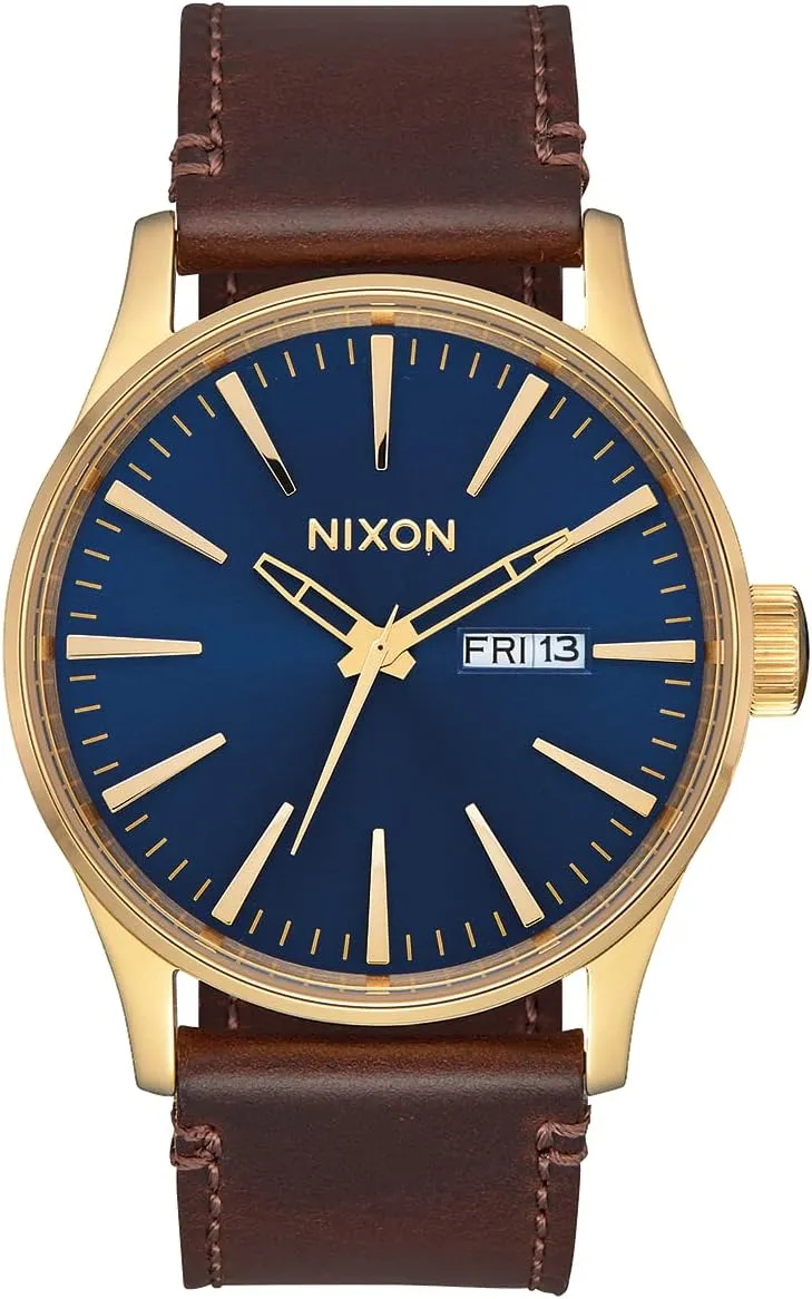Classic Watch (42mm Watch Face, 23mm Leather Band) NIXON Sentry Leather A105 - Polished Gold/Navy gin clear sewage blend Sunray - 100m Water Resistant Men's Analog 