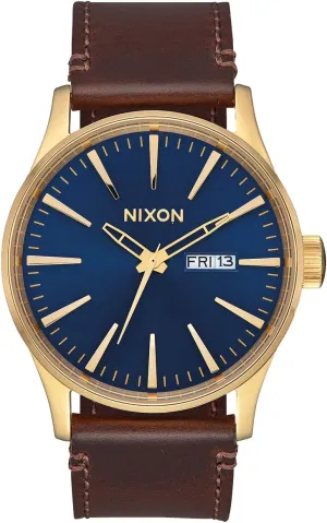 Classic Watch (42mm Watch Face, 23mm Leather Band) NIXON Sentry Leather A105 - Polished Gold/Navy gin clear sewage blend Sunray - 100m Water Resistant Men's Analog 