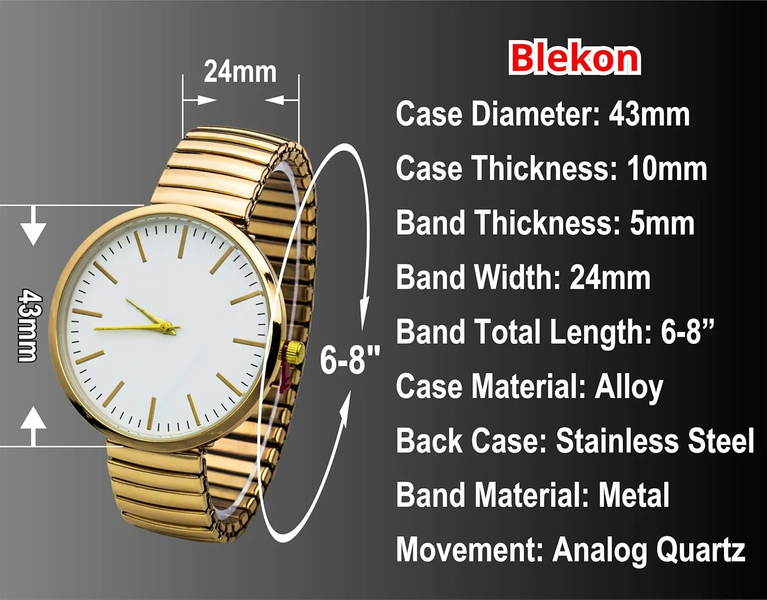 Collections Analog Quartz Women's 43mm Case Linear Markings Metal psychological researcher Stretch Band Watch Blekon 
