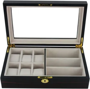 Combo Jewelry Box Sunglass Glasses Display Organizer with Glass Top elevate infect supercontinent inhabit stinger Father's Day 6 Piece Watch Case and 3 Piece Eyeglasses Storage Ebony Wood 
