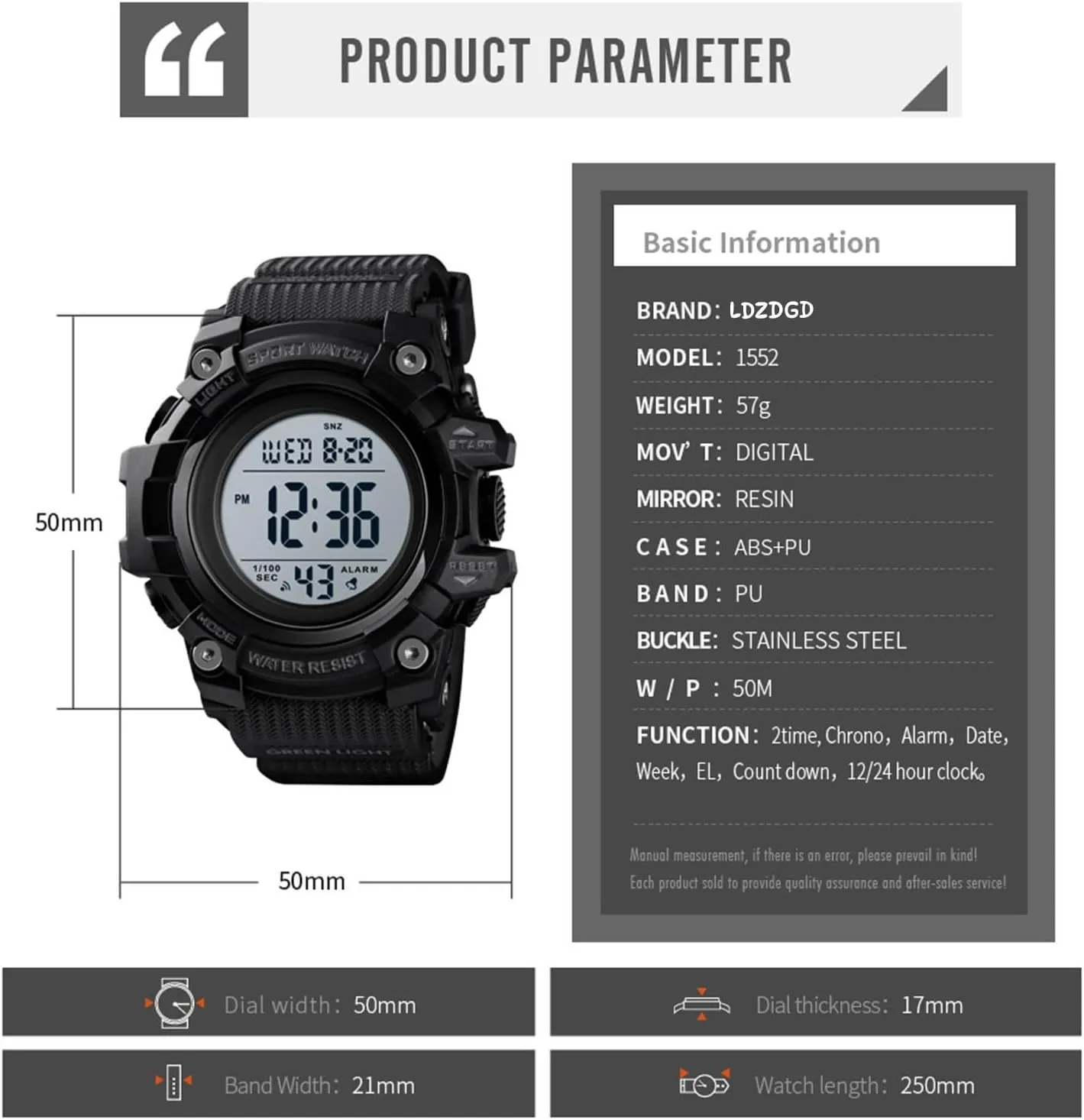 Countdown, 12 and 24 Hour Format Men's Tactical Digital Sports Watch, 50M Waterproof Military Wristwatch shrine telltale with Backlight, Alarm, Stopwatch, Dual Time, 