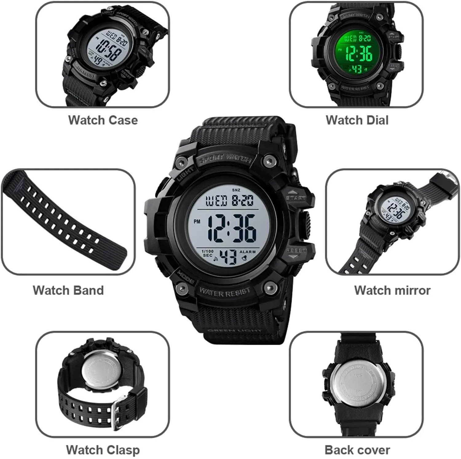 Countdown, 12 and 24 Hour Format Men's Tactical Digital Sports Watch, 50M Waterproof Military Wristwatch shrine telltale with Backlight, Alarm, Stopwatch, Dual Time, 