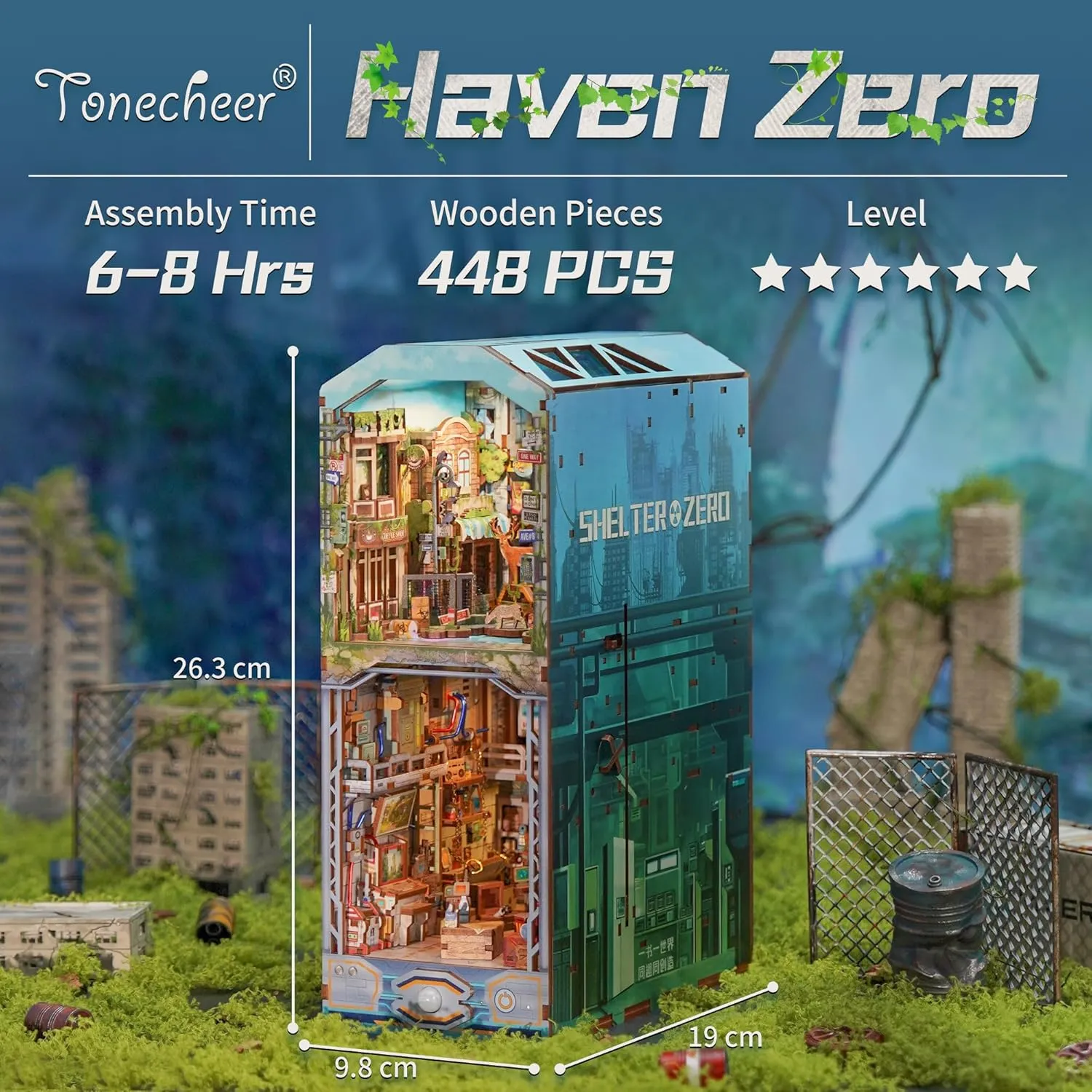 Cover and Sensor LED (Haven Zero) Tonecheer DIY Book Nook Kit for Adults, Wooden 3D Puzzle Bookend Diorama Bookshelf Insert Decor oasis deprive knight Fancy Books, Booknook Miniature House Kit with Dust 