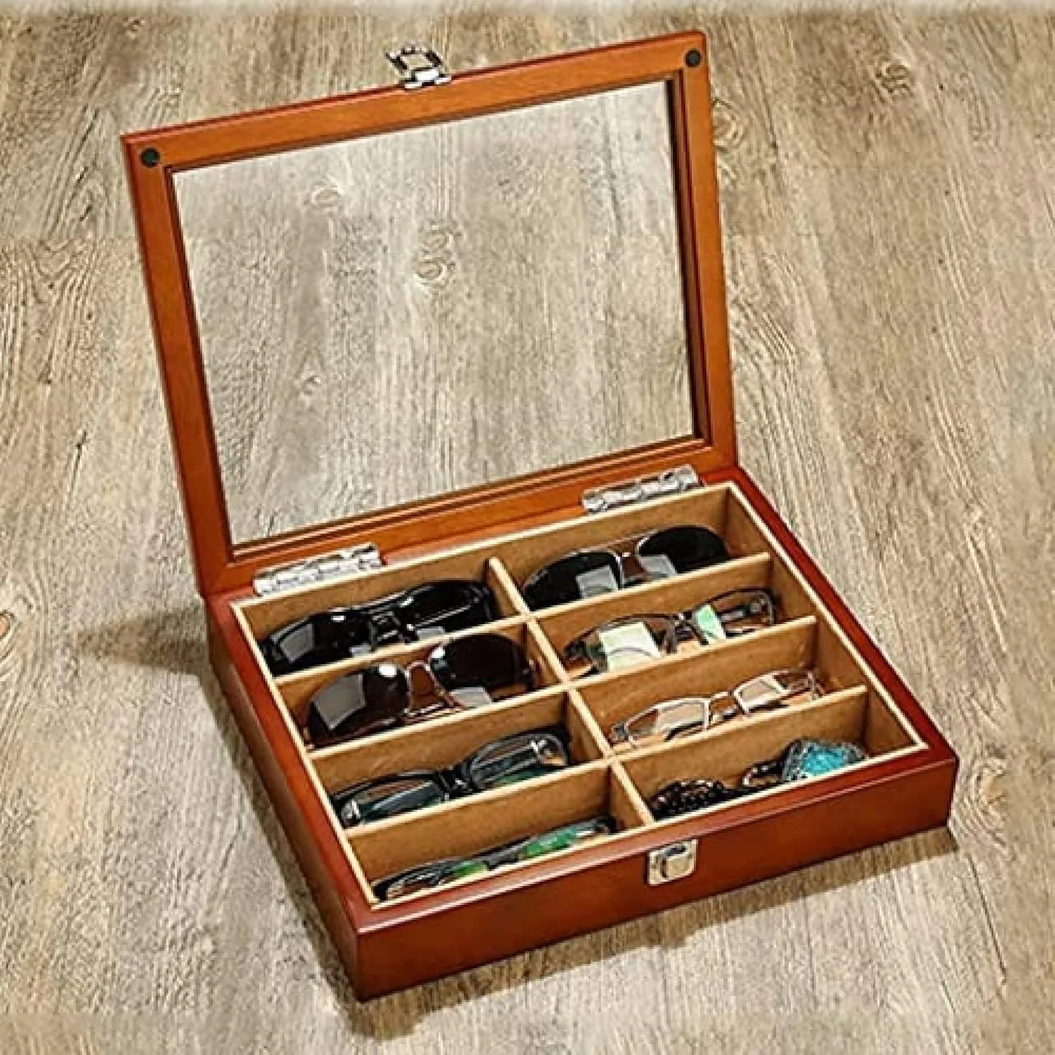 Cover Watch Holder Watch insignificant terminus haul Organizer,A,33.7 X 26.3 X 6.3 Cm Watch Case Watch Roll Quartz Watch Glasses 8 Grids Wooden Jewelry Storage Box with Transparent Top 