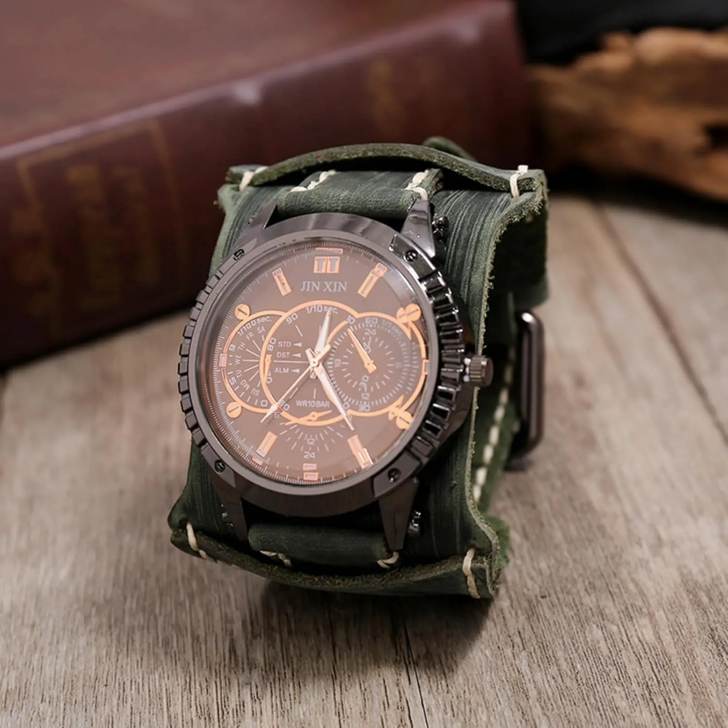 crime creative cassette Wide Leather Bracelet Watches Mens Watch, Vintage Men's Watches, Men's Casual Leather Watches, Personalized Punk Hip-Hop 