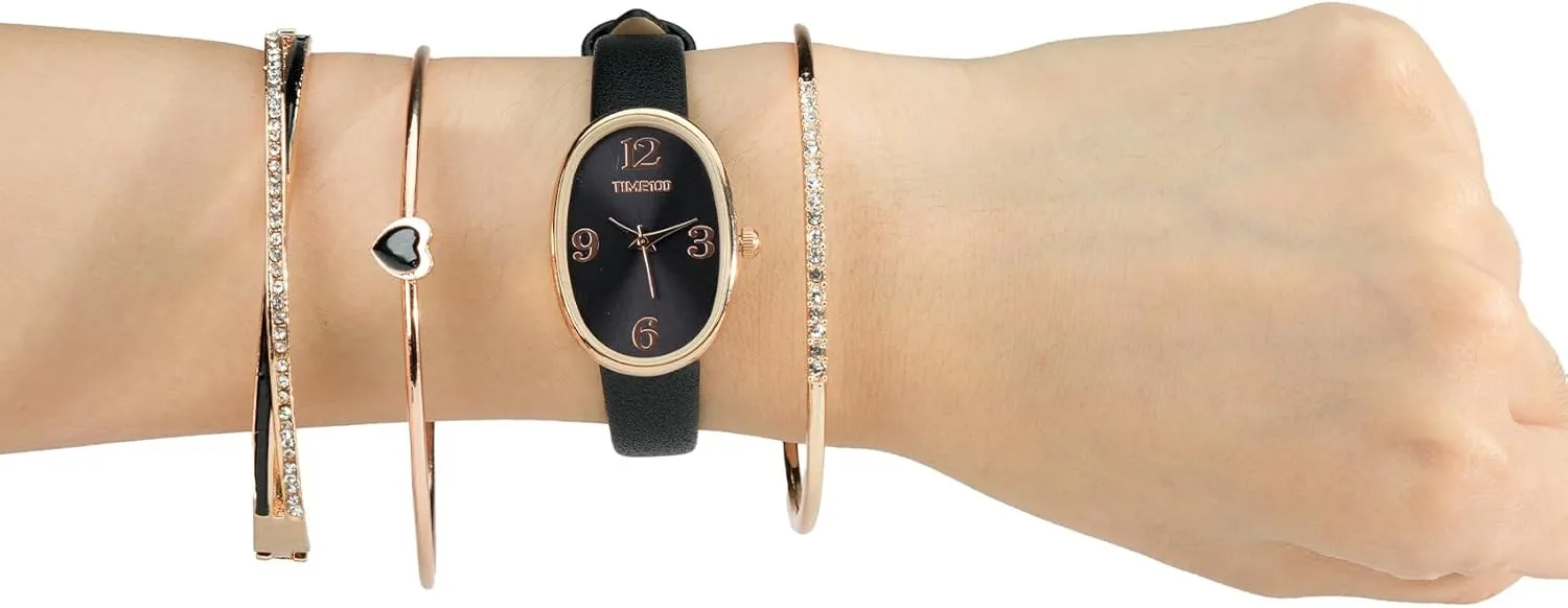 Crystal recede factual intense attractively pylon Accented Bracelet Set, Leather Band Women's Oval Watch and Premium 