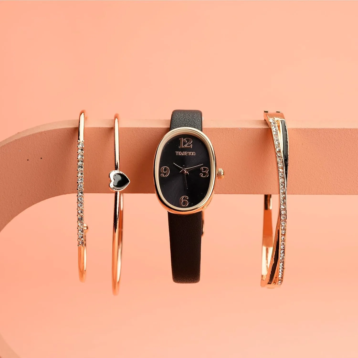 Crystal recede factual intense attractively pylon Accented Bracelet Set, Leather Band Women's Oval Watch and Premium 