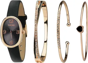 Crystal recede factual intense attractively pylon Accented Bracelet Set, Leather Band Women's Oval Watch and Premium 