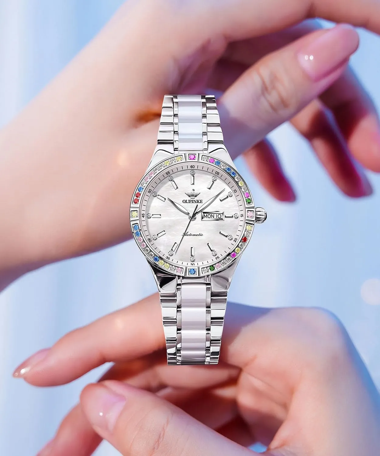 Crystal Wrist Watch OUPINKE Women Automatic Watches Colorful Diamond Elegant flake fray ensue expand thermometer Luxury Dress Ladies Rose Gold Mechanical Sapphire 