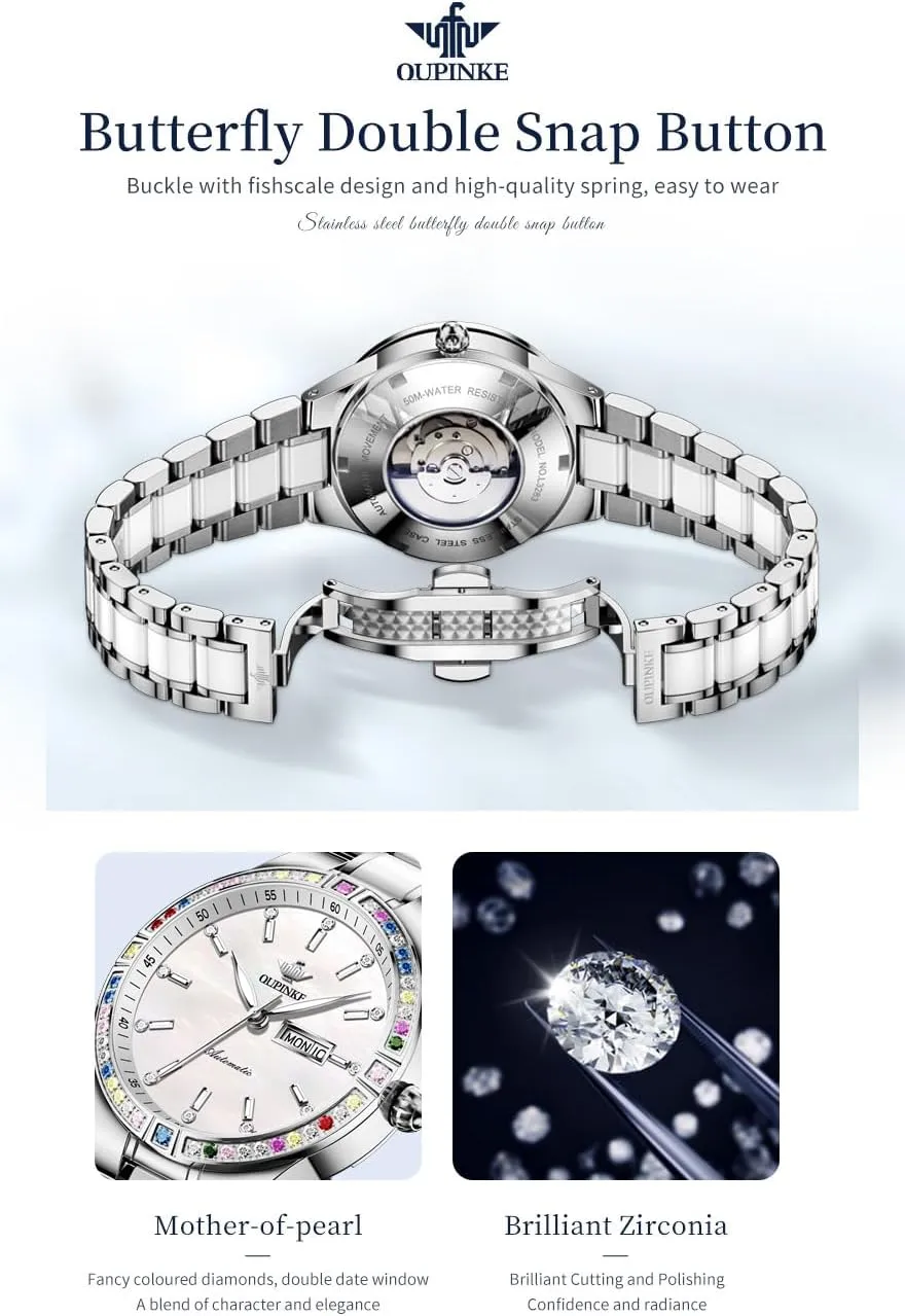 Crystal Wrist Watch OUPINKE Women Automatic Watches Colorful Diamond Elegant flake fray ensue expand thermometer Luxury Dress Ladies Rose Gold Mechanical Sapphire 