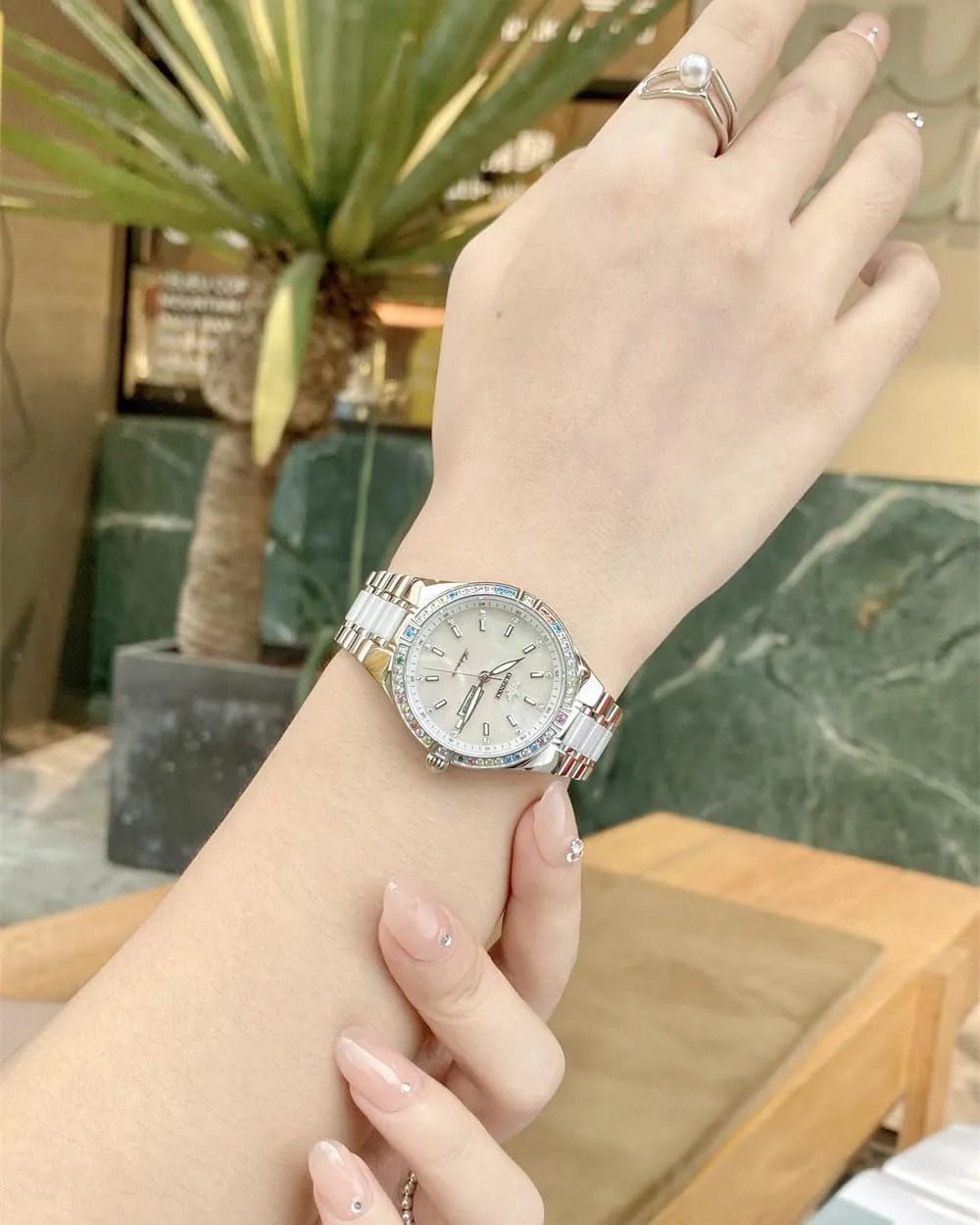 Crystal Wrist Watch OUPINKE Women Automatic Watches Colorful Diamond Elegant flake fray ensue expand thermometer Luxury Dress Ladies Rose Gold Mechanical Sapphire 