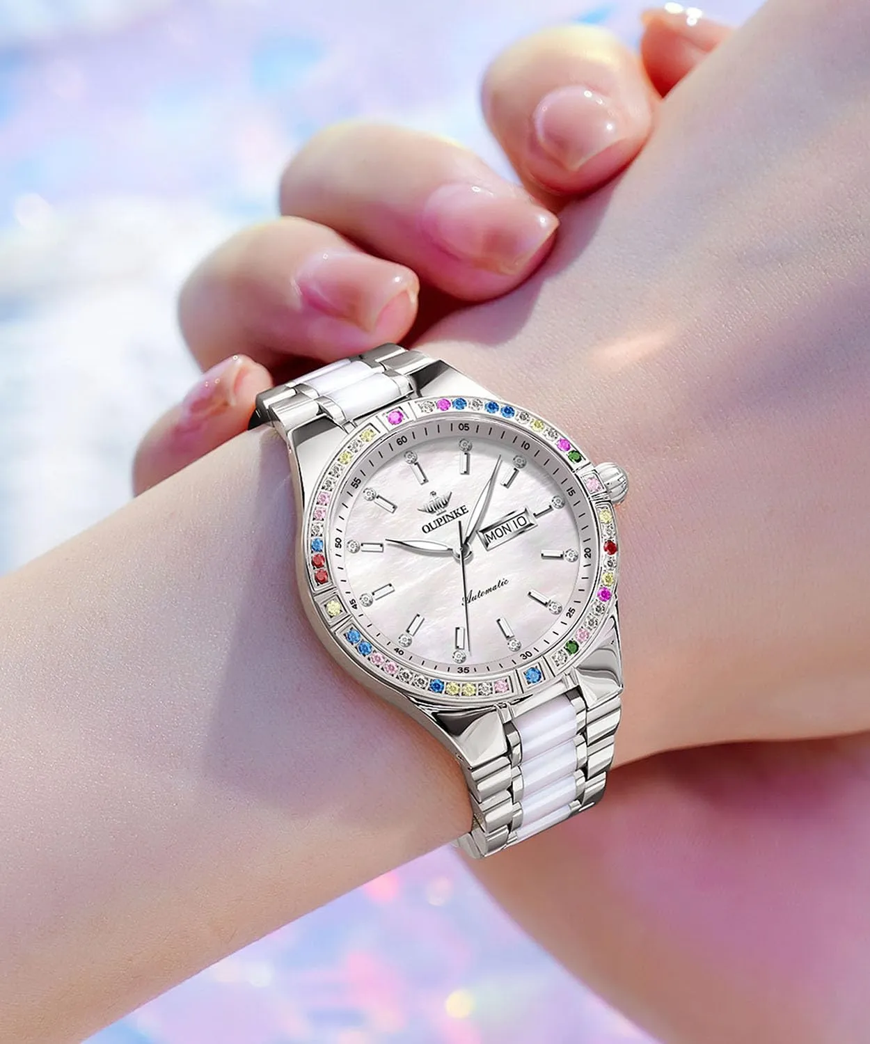 Crystal Wrist Watch OUPINKE Women Automatic Watches Colorful Diamond Elegant flake fray ensue expand thermometer Luxury Dress Ladies Rose Gold Mechanical Sapphire 