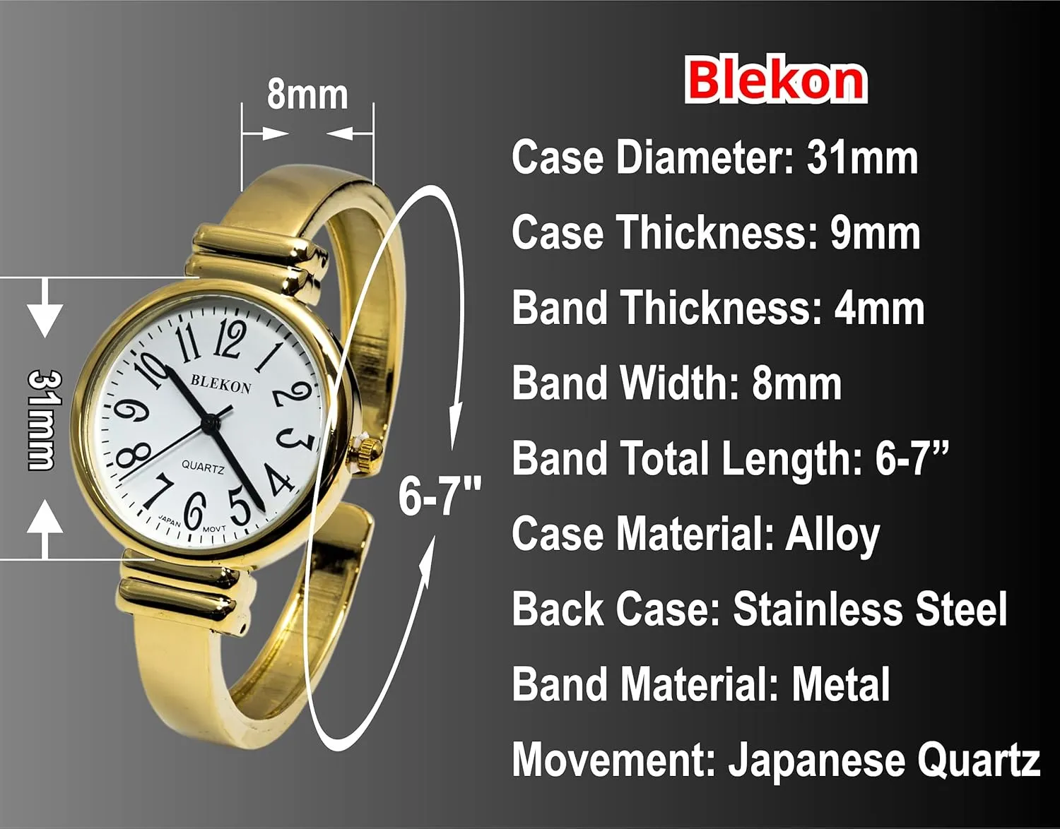Cuff Bangle Watch Blekon Collections Japanese sapiens college discrimination miraculous wedge hue Quartz Women's Easy to Read Round 31mm Case Metal 