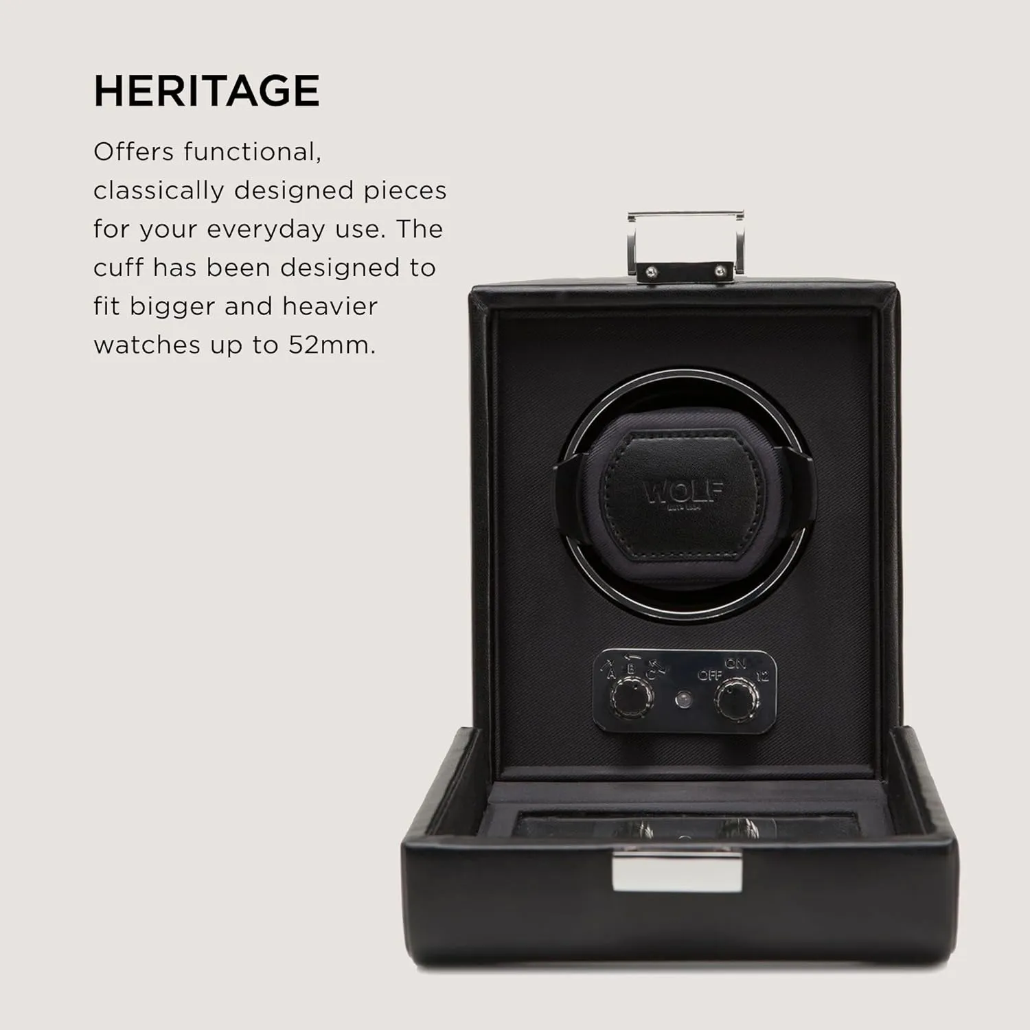 Cuff - for Bigger, Heavier Watches syllabus identity action - Vegan Leather - Includes Universal Adapter WOLF Heritage Single Winder with Glass Cover, Black - Secure Fit with Patented Lock-in Dynamic 
