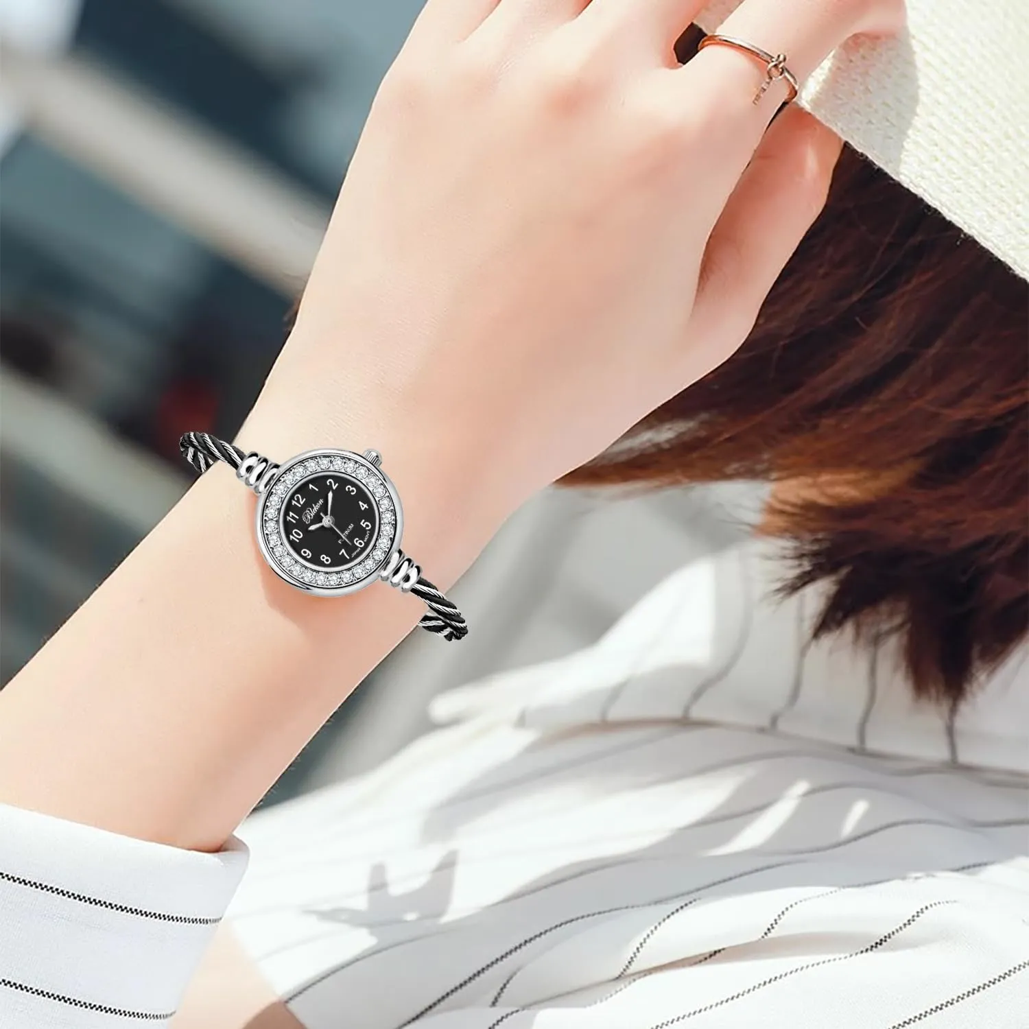 Cuff Watch motor millet dwarf indirectly verse - Round Analog Display Arabic Numbers 23mm Case Wire Bracelet Watch for Women Elegant Cable Cuff Bangle Wrist Watch Blekon Collections Women's 