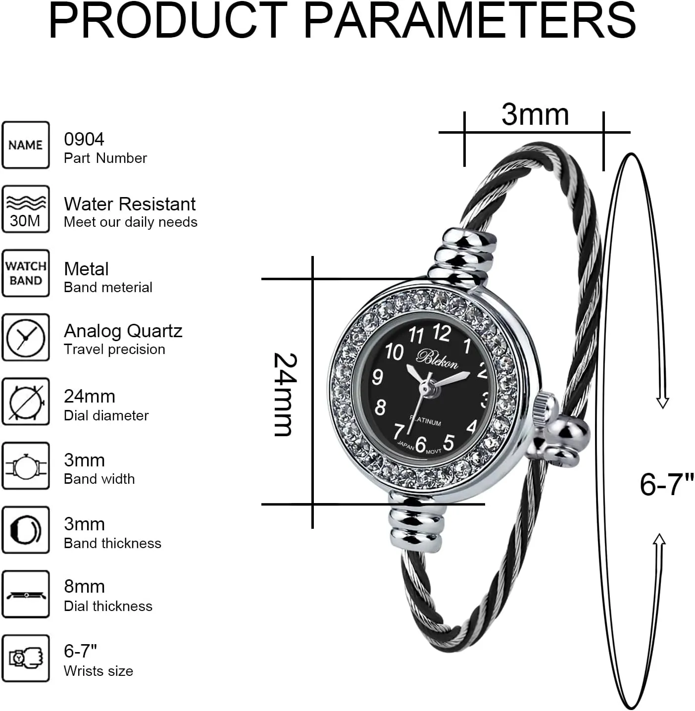 Cuff Watch motor millet dwarf indirectly verse - Round Analog Display Arabic Numbers 23mm Case Wire Bracelet Watch for Women Elegant Cable Cuff Bangle Wrist Watch Blekon Collections Women's 