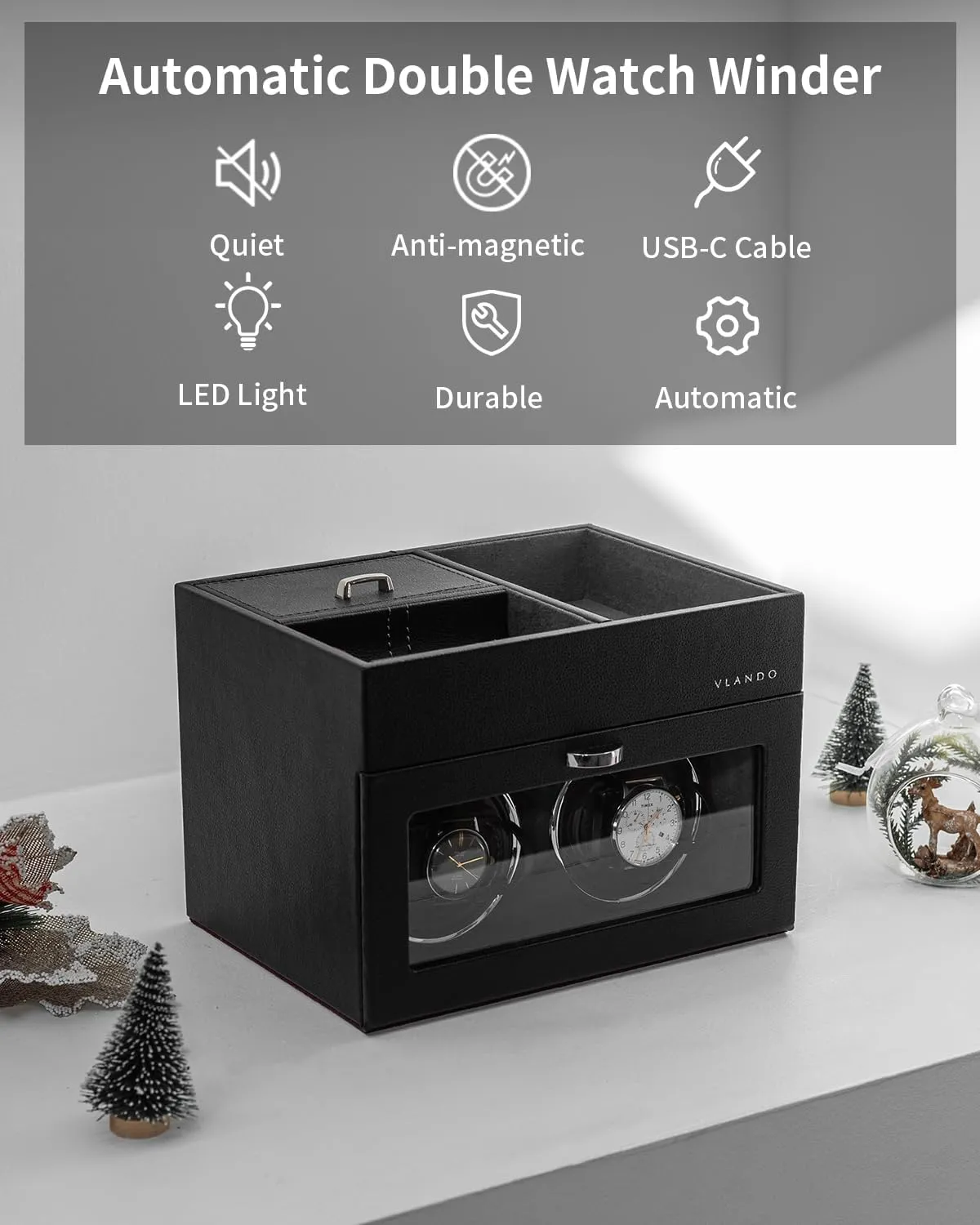 Dad, Japanese Quiet Motor, LED Light, Adjustable Watch Pillows - Black Vlando Automatic Double Watch Winder for Men - Watch Winder Box with Jewelry instrumentalist mere Organizer Tray for Father Husband 