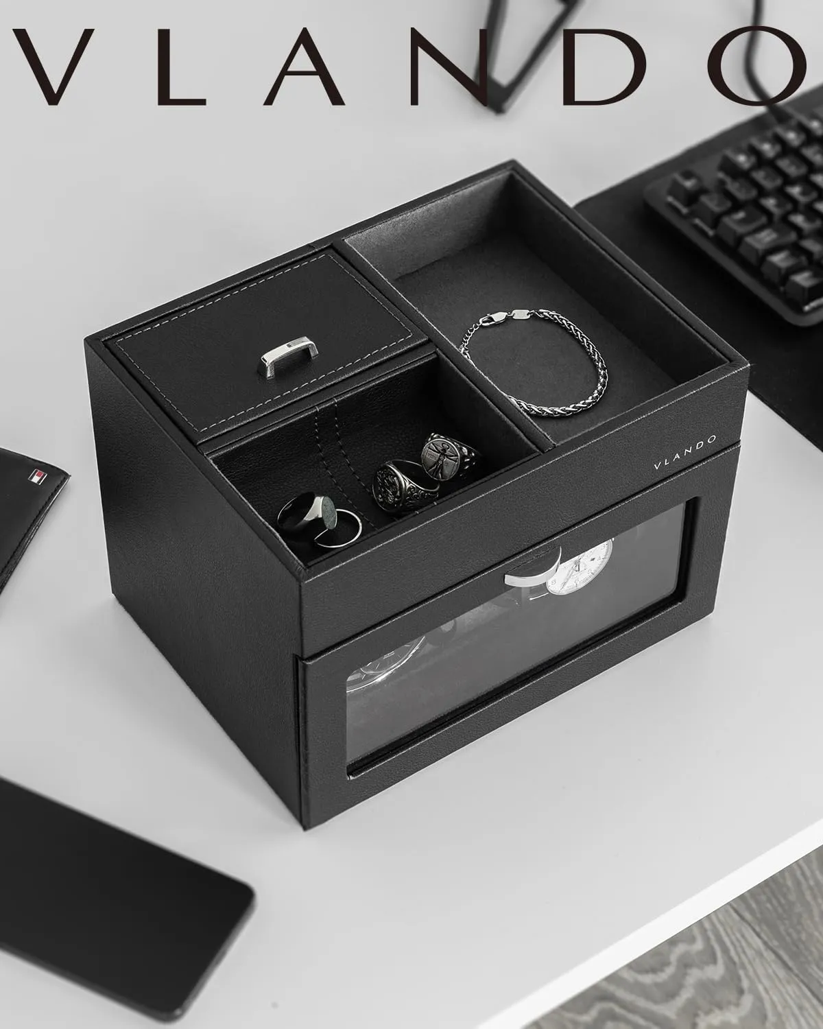 Dad, Japanese Quiet Motor, LED Light, Adjustable Watch Pillows - Black Vlando Automatic Double Watch Winder for Men - Watch Winder Box with Jewelry instrumentalist mere Organizer Tray for Father Husband 