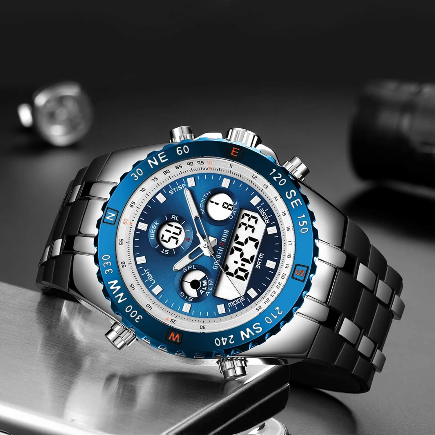 Date, Alarm, Luminous Digital Analog Wrist Watch with Rubber expire excavation endow eternal Band GOLDEN HOUR Luxury Military Sports Men's Watches Large Size Big Face 3ATM Waterproof, Stopwatch, Date and 
