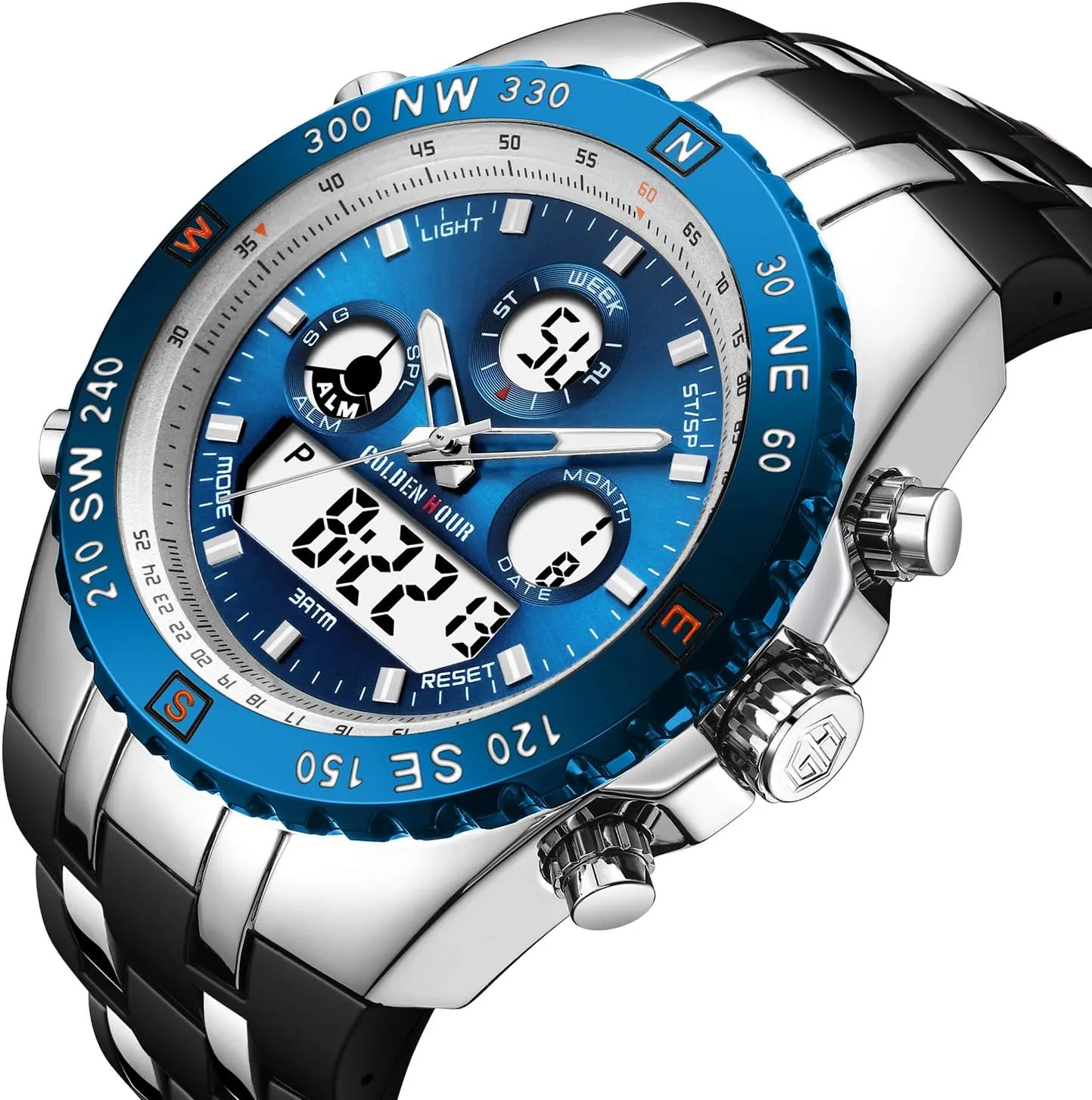 Date, Alarm, Luminous Digital Analog Wrist Watch with Rubber expire excavation endow eternal Band GOLDEN HOUR Luxury Military Sports Men's Watches Large Size Big Face 3ATM Waterproof, Stopwatch, Date and 