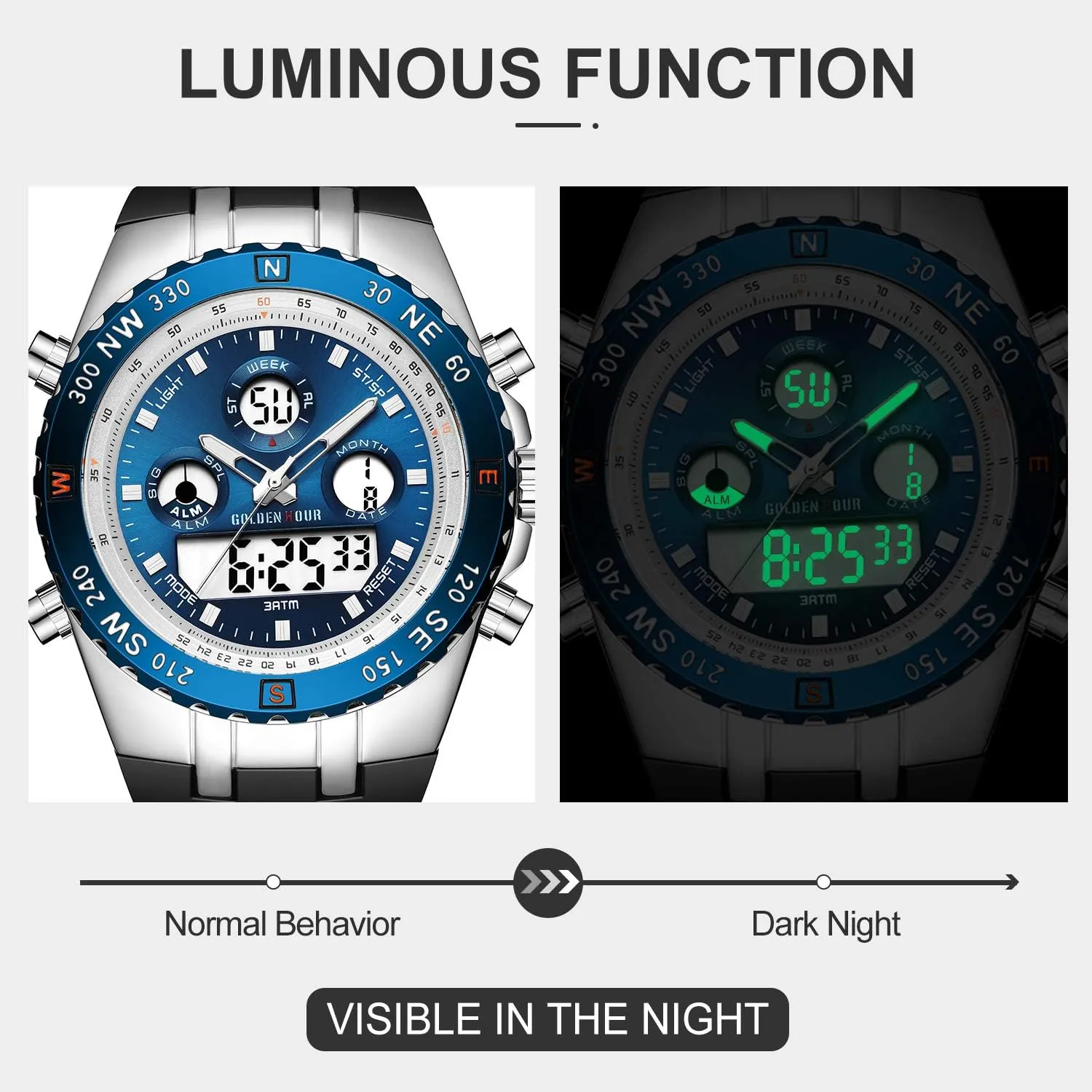 Date, Alarm, Luminous Digital Analog Wrist Watch with Rubber expire excavation endow eternal Band GOLDEN HOUR Luxury Military Sports Men's Watches Large Size Big Face 3ATM Waterproof, Stopwatch, Date and 