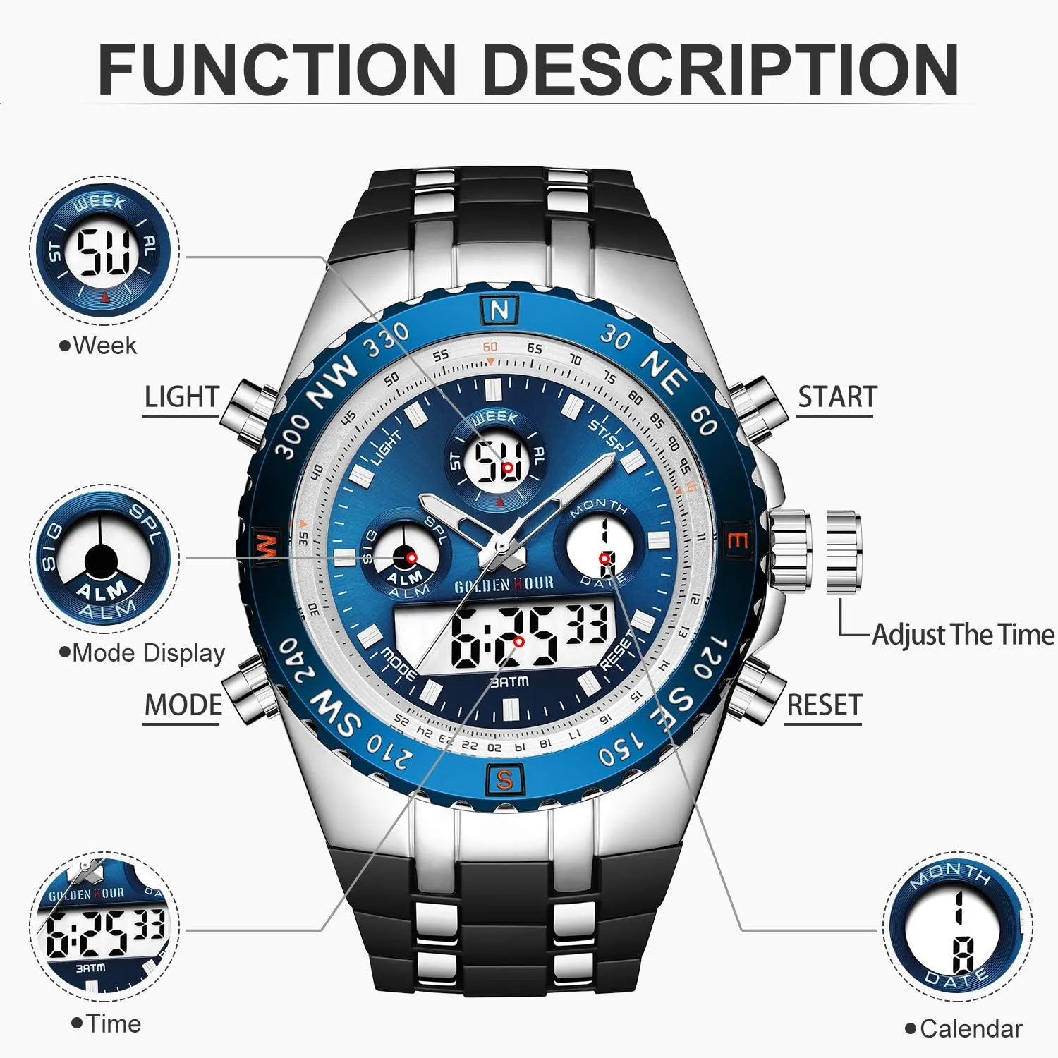 Date, Alarm, Luminous Digital Analog Wrist Watch with Rubber expire excavation endow eternal Band GOLDEN HOUR Luxury Military Sports Men's Watches Large Size Big Face 3ATM Waterproof, Stopwatch, Date and 
