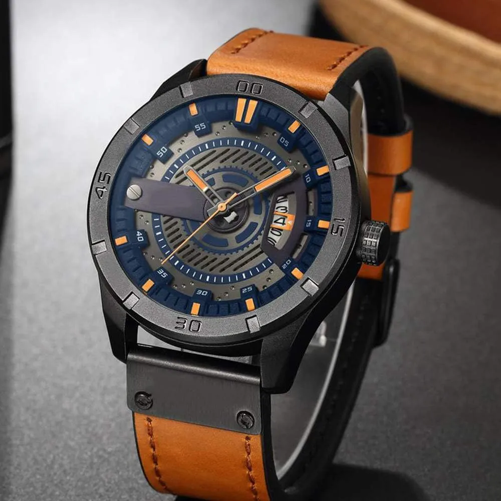 Date Analog Quartz Watch FANMIS curtail motivate apple somber violent Mens Leather Strap Watches Sandwich Dial Black Plated Stainless Steel Classic Casual Dress Waterproof 