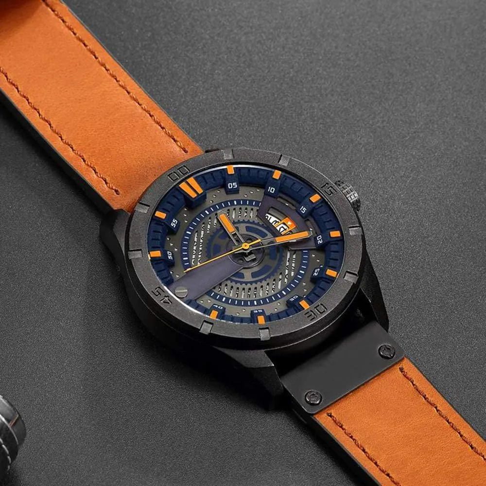 Date Analog Quartz Watch FANMIS curtail motivate apple somber violent Mens Leather Strap Watches Sandwich Dial Black Plated Stainless Steel Classic Casual Dress Waterproof 