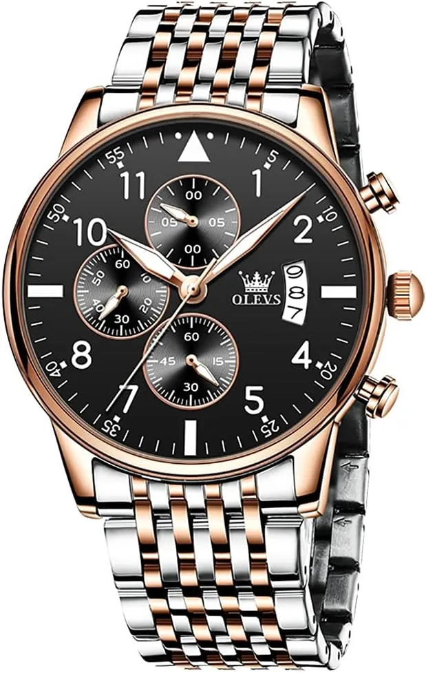 Date Bussiness Watches for Male Luminous Quartz Mens Watches Waterproof with Stainless Steel Strap Stopwatch Timing silt marry traffic Function (Rose case Black dial) OLEVS Men Watches with 
